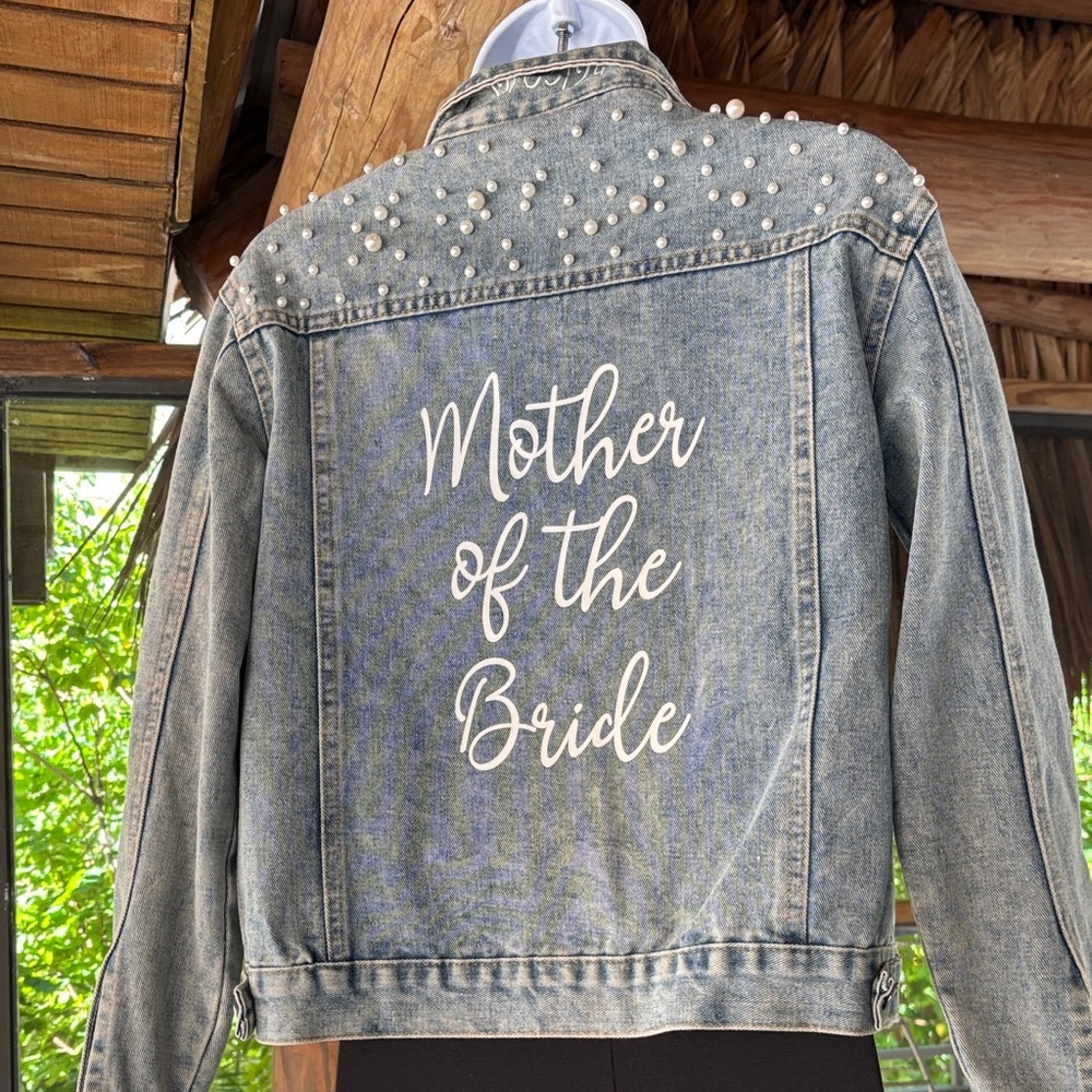 “Mother of the bride” Jeans Blue Denim Jacket with Pearl Accents